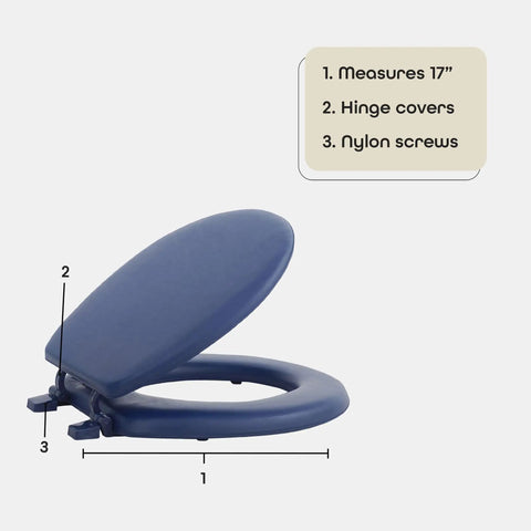 Soft Navy 17 Inch Vinyl Toilet Seat With Foam Cushioning, Standard Size Fits All Regular Fixtures shown angled with hinge details