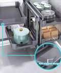 Blind Corner Cabinet Pull Out Organizer with Rotate Turntable Lazy Susan in use in kitchen, showing adjustable trays.