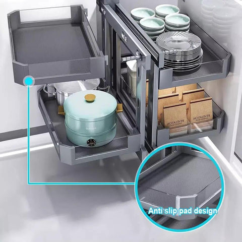 Blind Corner Cabinet Pull Out Organizer with Rotate Turntable Lazy Susan in use in kitchen, showing adjustable trays.