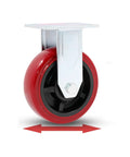 Heavy Duty Swivel Caster Wheels With Smooth Rolling Polyurethane Tires And Sturdy Galvanized Brackets, close-up of red wheel.