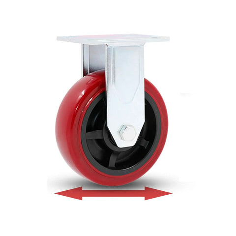 Heavy Duty Swivel Caster Wheels With Smooth Rolling Polyurethane Tires And Sturdy Galvanized Brackets, close-up of red wheel.