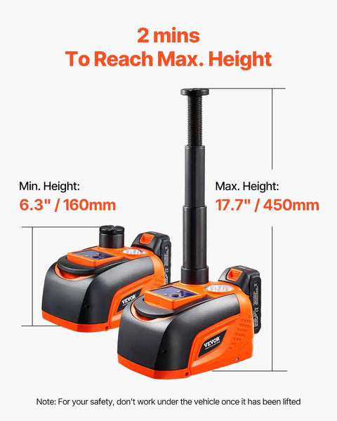 Wireless 5 Ton Electric Car Jack With Remote Control showing min 160mm and max 450mm with LED work light