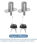 Heavy Duty Push Plunger Lock With Keys Plus Screws And Lock Rings For Drawers And Cabinets Featuring Keyed Different Security Plus Silver Finish 3/4 Inch Diameter And 1 1/4 Inch Cylinder Length To Lock Up Tight Without The Hassle showing two locks and two keys.
