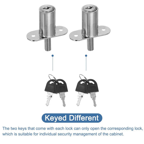 Heavy Duty Push Plunger Lock With Keys Plus Screws And Lock Rings For Drawers And Cabinets Featuring Keyed Different Security Plus Silver Finish 3/4 Inch Diameter And 1 1/4 Inch Cylinder Length To Lock Up Tight Without The Hassle showing two locks and two keys.