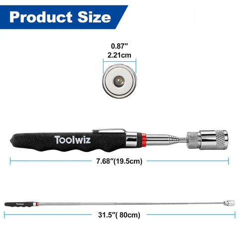Telescopic magnetic pickup tool dimensions, 7.68 inches collapsed, 31.5 inches extended with 0.87 inch magnet head.