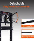 Detail of the detachable long handle on Garage Workhorse 20 Ton Hydraulic Shop Press with 18" size and non-slip grip.