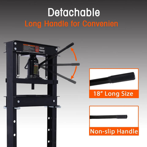 Detail of the detachable long handle on Garage Workhorse 20 Ton Hydraulic Shop Press with 18" size and non-slip grip.