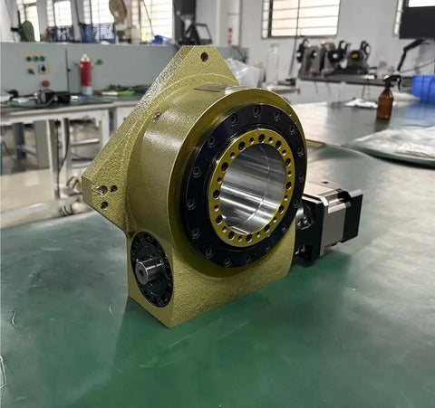 Top Shelf High Rigidity Hollow Indexing Table Built With Slick Cam Groove And Pro Grade Hollow Shaft Rotary Platform For Heavy Duty Manufacturing Jobs close-up on rotary indexer.