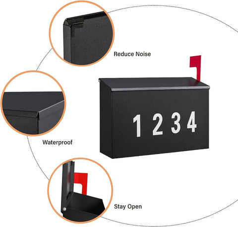 Outdoor Wall Mount Mailbox With Flag Kit And 0 To 9 Number Stickers, Galvanized Steel Rustproof Post Box for Exterior Use shown with features