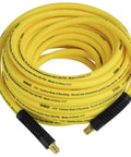 Built Different Three Eighth Inch By Fifty Foot Premium Hybrid Air Hose coiled, displaying zero kink design and solid brass fittings.