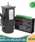 Front view of NEMA23 stepper motor with exposed shaft and CL57-BK closed-loop drive module with green terminal blocks
