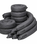 Heavy Duty Universal Absorbent Socks 12 Plus Pack Spill Containment Tubes Industrial Grade Oil Hydraulic Chemical Absorbers Pro Shop Garage Worksite Cleanup Gray stacked in various sizes.