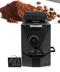 Heavy Duty Electric Coffee Bean Roaster With Smokeless Drum Build Featuring Zero Fuss Chaff Filter And Three Auto Roast Settings To Nail Your Morning Brew Right In The Kitchen Today, front view with control panel and ground coffee.