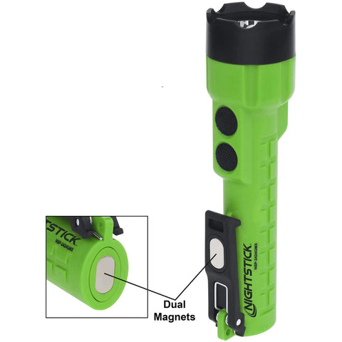 Lit 300 Lumen Dual Light Flashlight With Magnetic Hands Free Mounts Waterproof 201 Meter Beam shown in green and black