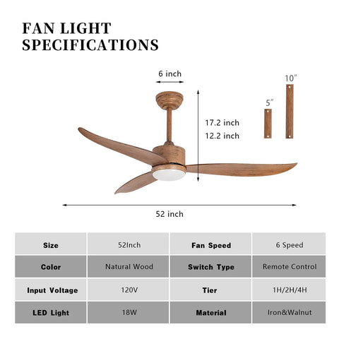 52 Inch Indoor And Outdoor Ceiling Fan With Remote Control Quiet Reversible DC Motor 3 ABS Blades Wood Texture Finish Dimmable 22W LED Light Kit With 3000K 4000K 6000K Color Temperatures Built For Chill Bedrooms Living Rooms Porches, shown with measurement details and a natural wood look.