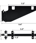 Diagram showing dimensions of a 4 Pack E Track Fixed Shelf Bracket For Trailer Truck Warehouse And Garage Heavy Duty Rust Resistant Black Finish Fits E Track Or X Track Rails Adjustable Width To Match Your Rail System Durable 9.4 By 4.2 By 2.5 Inch Size