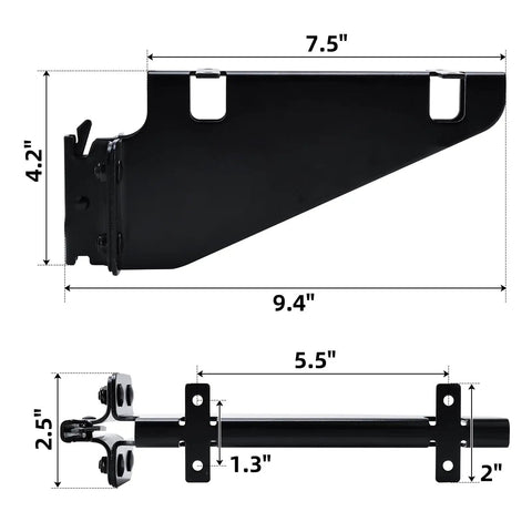 Diagram showing dimensions of a 4 Pack E Track Fixed Shelf Bracket For Trailer Truck Warehouse And Garage Heavy Duty Rust Resistant Black Finish Fits E Track Or X Track Rails Adjustable Width To Match Your Rail System Durable 9.4 By 4.2 By 2.5 Inch Size