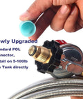 Propane regulator with brass fitting and stainless braided hose; POL connector close-up