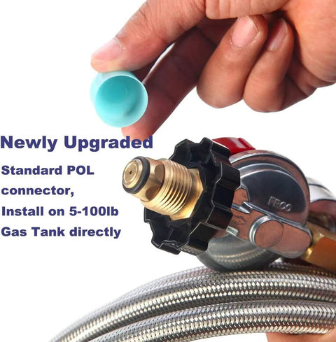 Propane regulator with brass fitting and stainless braided hose; POL connector close-up