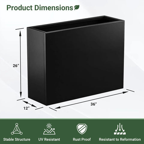 Sturdy 36 Inch Metal Planter Box With Drainage Holes And Rust Proof Coating For Indoor Outdoor Use Large Rectangular Window Box Built To Last For Balcony Patio Herbs In Black, dimensions shown.