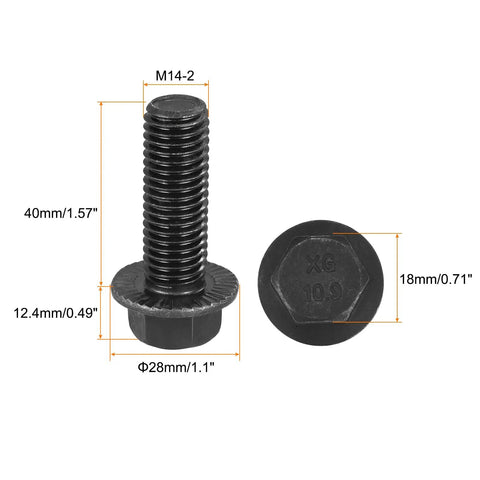 Rock Solid M14 Hex Serrated Flange Bolts 40mm Long 10.9 Grade Carbon Steel Screws With Black Oxide Coating dimensions and details.