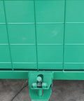 Side Opening Foldable Mesh Rolling Cage Cart for Warehouse Use a Real Workhorse Heavy Duty Dolly Trolley with Easy Access Door Space Saving Cage Cart for Quick Loading Unloading and Transport of Boxes and Packages, green metal latch detail