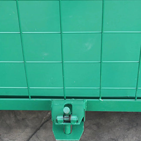 Side Opening Foldable Mesh Rolling Cage Cart for Warehouse Use a Real Workhorse Heavy Duty Dolly Trolley with Easy Access Door Space Saving Cage Cart for Quick Loading Unloading and Transport of Boxes and Packages, green metal latch detail