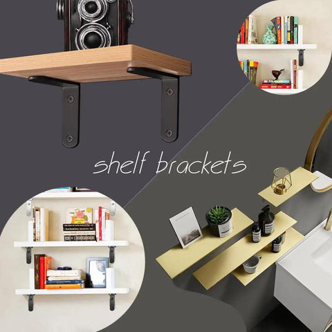 Six Piece Black L Brackets Corner Braces Heavy Duty 304 Stainless Steel Shelf Supports Rust Proof used to display wooden shelves with decor.
