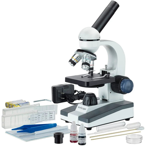Portable Student Microscope With Slide Preparation Kit, 40X-1000X Magnification, shown with accessories and LED illumination.