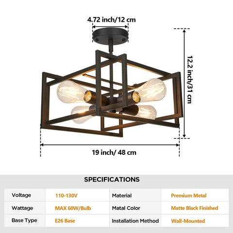 Industrial 4 Light Semi Flush Mount Ceiling Light Fixture Black Metal Farmhouse Style Close To Ceiling Lamp 48cm open frames