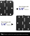 Diagram comparing matte black door hinges with 5/8 and 1/4 inch radius corners.