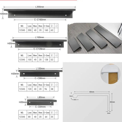 Edge Finger Pulls 2 Pack Hidden Cabinet Handles dimensions and design details shown in aluminum alloy with anti-rust finish.