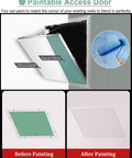 Straight Up Sleek Paintable Attic Access Door For Drywall Ceiling And Plumbing Inspection Panel showing before and after painting views.
