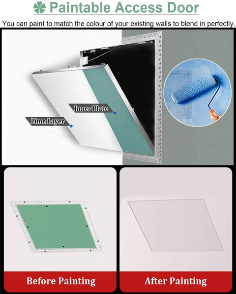 Straight Up Sleek Paintable Attic Access Door For Drywall Ceiling And Plumbing Inspection Panel showing before and after painting views.