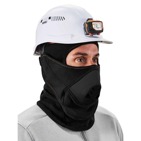 Winter Balaclava With Detachable Heat Exchanger Face Mask For Extreme Cold Full Head And Neck Coverage being worn under helmet