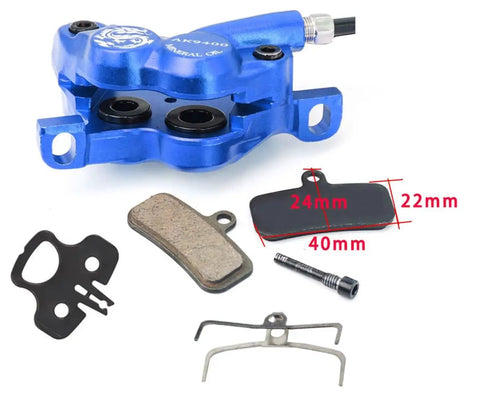 Shred Ready Mountain Bike Hydraulic Disc Brake Kit For Gnarly Trail Riding featuring a blue dual piston caliper and brake pads.