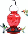 Red Glass Hummingbird Feeder For Outdoors Hanging 24 Ounce Nectar Feeder With Perch Five Flower Ports Leak Proof Base And Hook Garden