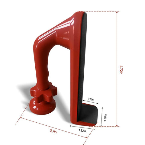 Red Aluminum Alloy Portable Door Stopper With Diamond Anti Slip Base For Travel And Apartment Living Easy To Use Security Device That Locks Down Unauthorized Entry And Pry Attempts, side view showing dimensions.