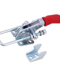 Hefty Jiawu 4 Pc Toggle Clamps Set For Heavy Duty Welding And Metal Fabrication Projects Featuring Easy Latch Grip Up To 360 Pounds Holding Power For Any Serious Shop Floor Or Vehicle Assembly Work, metal clamp with red handle.