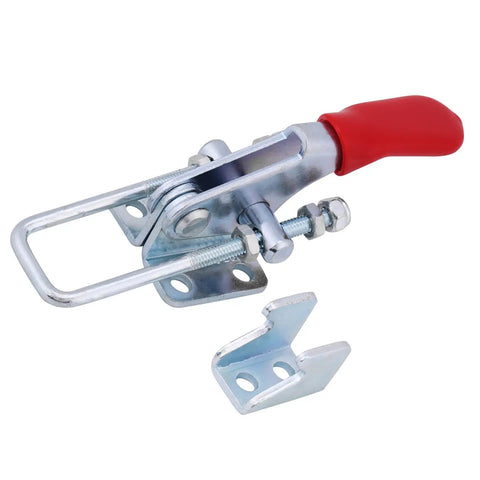 Hefty Jiawu 4 Pc Toggle Clamps Set For Heavy Duty Welding And Metal Fabrication Projects Featuring Easy Latch Grip Up To 360 Pounds Holding Power For Any Serious Shop Floor Or Vehicle Assembly Work, metal clamp with red handle.