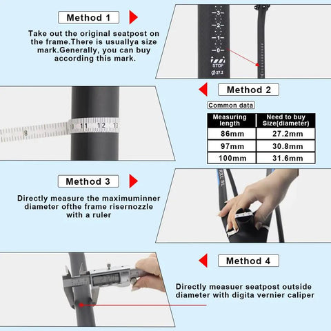Instructions for measuring Ultralight Carbon Bike Seat Post 25mm Offset 400mm 30.8Mm Diameter on frame sizes.