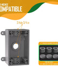 Weatherproof 1 Gang Electrical Outlet Box In Gray Beefed Up For Wet Locations Fits One Half Or Three Quarter Inch Conduit Includes Three Quarter Inch Reducer Bushings And Closure Plugs PVC Construction Corrosion Resistant UL Listed