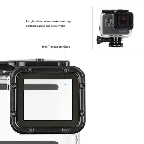 Waterproof Housing Case With Four Dive Filters For Hero 7 6 5 Black And Hero 2018 Red Light Red Magenta Plus 5x Macro Lenses showing lens detail