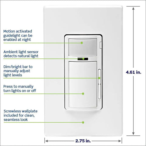 Hands Free Smart Motion Sensing Dimmer Switch 2nd Gen With WiFi, Neutral Wire Required, white wallplate, 4.61 in.