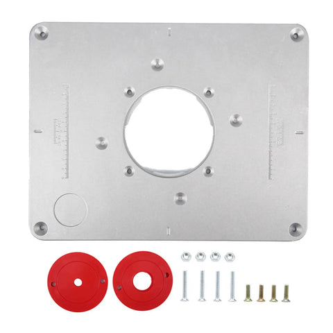 Premium Aluminum Router Table Insert Plate With Easy Adjust Flip Top Design For Woodworking Benches with two red rings and screws.