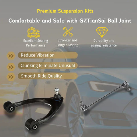 Premium suspension kit illustration highlighting features with tie rod and ball joint for heavy duty use.