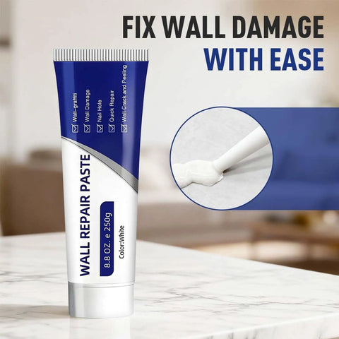 Fast Drying Wall Repair Paste For Cracks And Holes, Multi Function Drywall Patch Kit With Scraper And Sandpaper, Easy Interior Wall Mending For Quick Patch Jobs, Smooth Finish You Can Paint Over In Minutes tube and sample application on table
