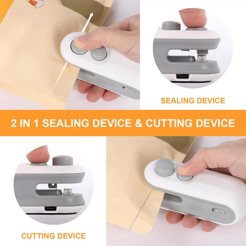 Mini Bag Sealer And Cutter, Handheld Heat Vacuum Sealer For Plastic Bags, 2 In 1 Sealer And Cutter With Lanyard in use on bag