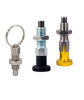 Heavy Duty Indexing Plunger With Contoured Handle Spring Loaded Return And Steel Locking Screw showing three plunger types with various materials.