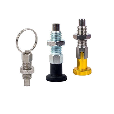 Heavy Duty Indexing Plunger With Contoured Handle Spring Loaded Return And Steel Locking Screw showing three plunger types with various materials.